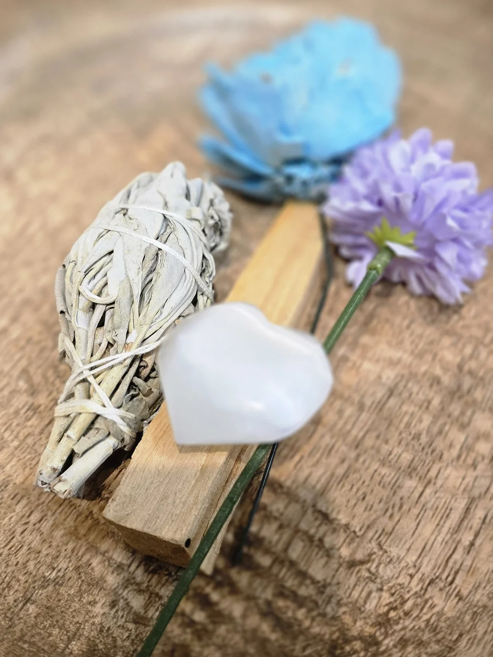 White Heart Selenite Crystal on Palo Santo - Home Bath Accent